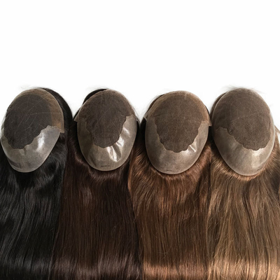 20 pouces brun clair surligne les cheveux humains Remy Toppers cheveux brésiliens Toupee dentelle base PU