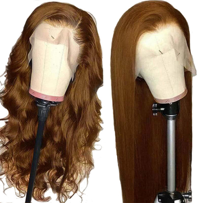 12-34 pouces Indienne crue Véritable châtaignier brun Perruque de cheveux HD Transparent Perruque avant en dentelle suisse