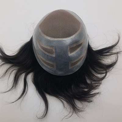 Matériau de base de quatre yeux dentelle suisse à l'avant Cheveux vierges humains Toupee pour hommes 110% Densité