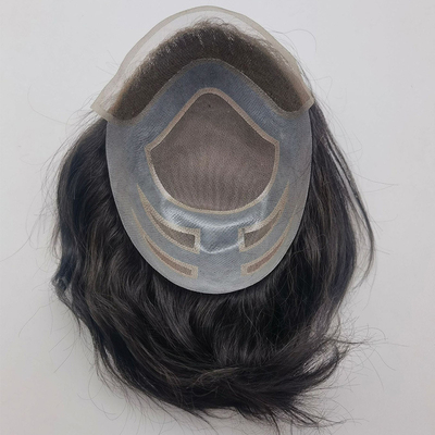 Matériau de base de quatre yeux dentelle suisse à l'avant Cheveux vierges humains Toupee pour hommes 110% Densité