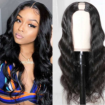 150% Densité Brésilienne Remy Corps Vagues Cheveux U Partie Perruques Moyen ouvert pour les femmes noires