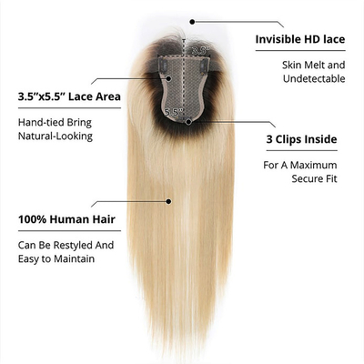 Soie Base Européenne Cendre Blonde Droite Clip Sur Cheveux Humains Topper Avec Lacet HD Pour Les Femmes