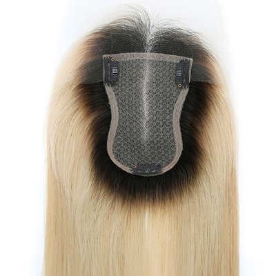 Soie Base Européenne Cendre Blonde Droite Clip Sur Cheveux Humains Topper Avec Lacet HD Pour Les Femmes