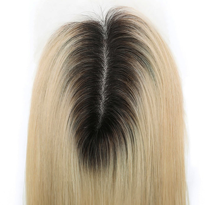 Soie Base Européenne Cendre Blonde Droite Clip Sur Cheveux Humains Topper Avec Lacet HD Pour Les Femmes