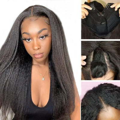 Perruques Longueur V Partie sans colle Afro Kinky Cheveux humains droits Perruque 250% Densité