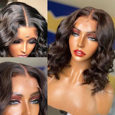 Très noir 13x6 dentelle frontale courte bob style corps ondulateur cheveux humains perruques pour les femmes noires