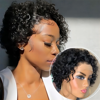 Des perruques de cheveux humains de 8 pouces 360 dentelles à l'avant Des boucles de pixie Perruque pour les cheveux doux et brillants