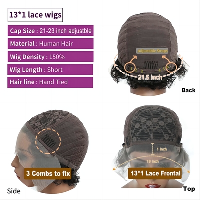 Des perruques de cheveux humains de 8 pouces 360 dentelles à l'avant Des boucles de pixie Perruque pour les cheveux doux et brillants